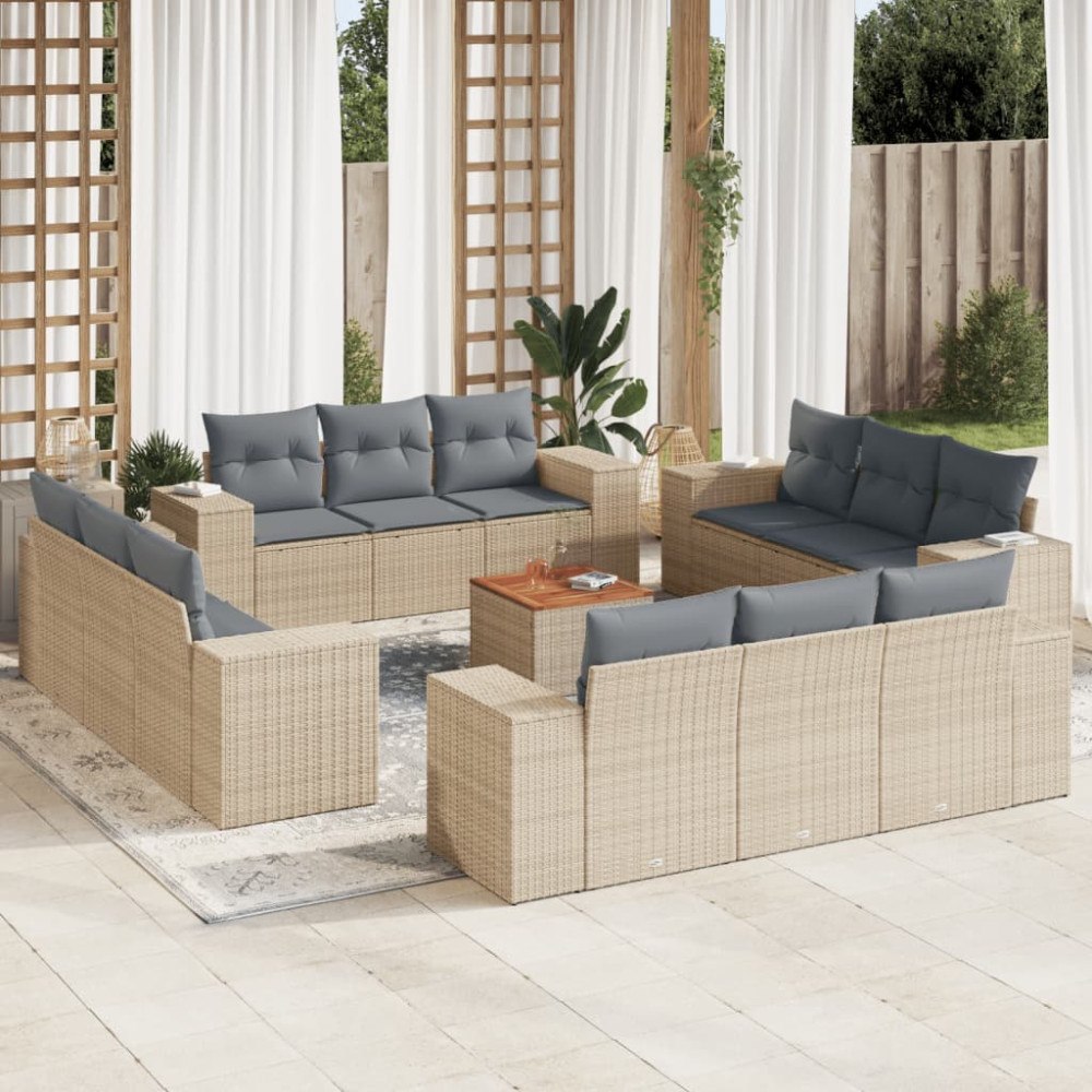vidaXL Soffgrupp för trädgården med dynor 13 delar beige konstrotting