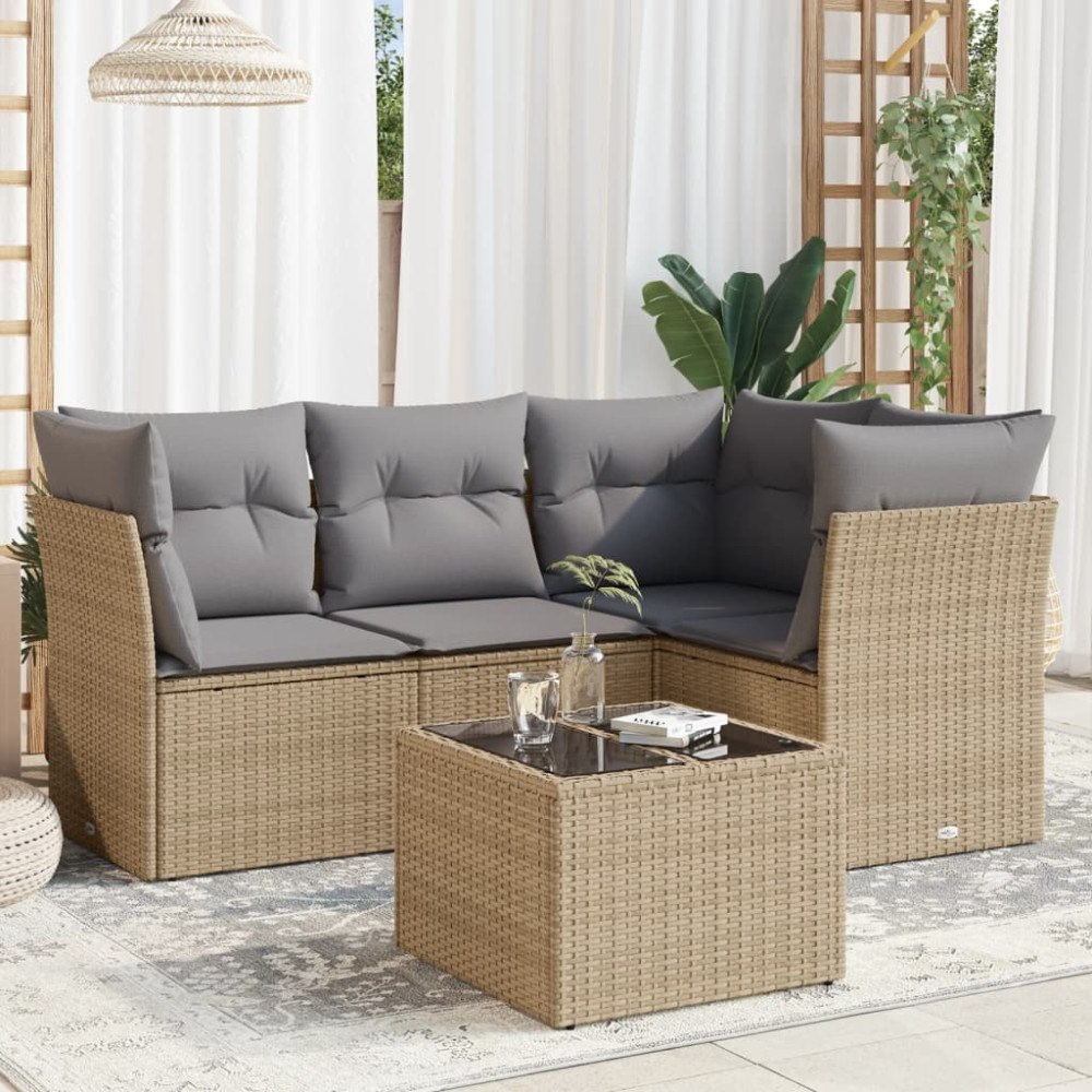vidaXL Soffgrupp för trädgården med dynor 5 delar beige konstrotting
