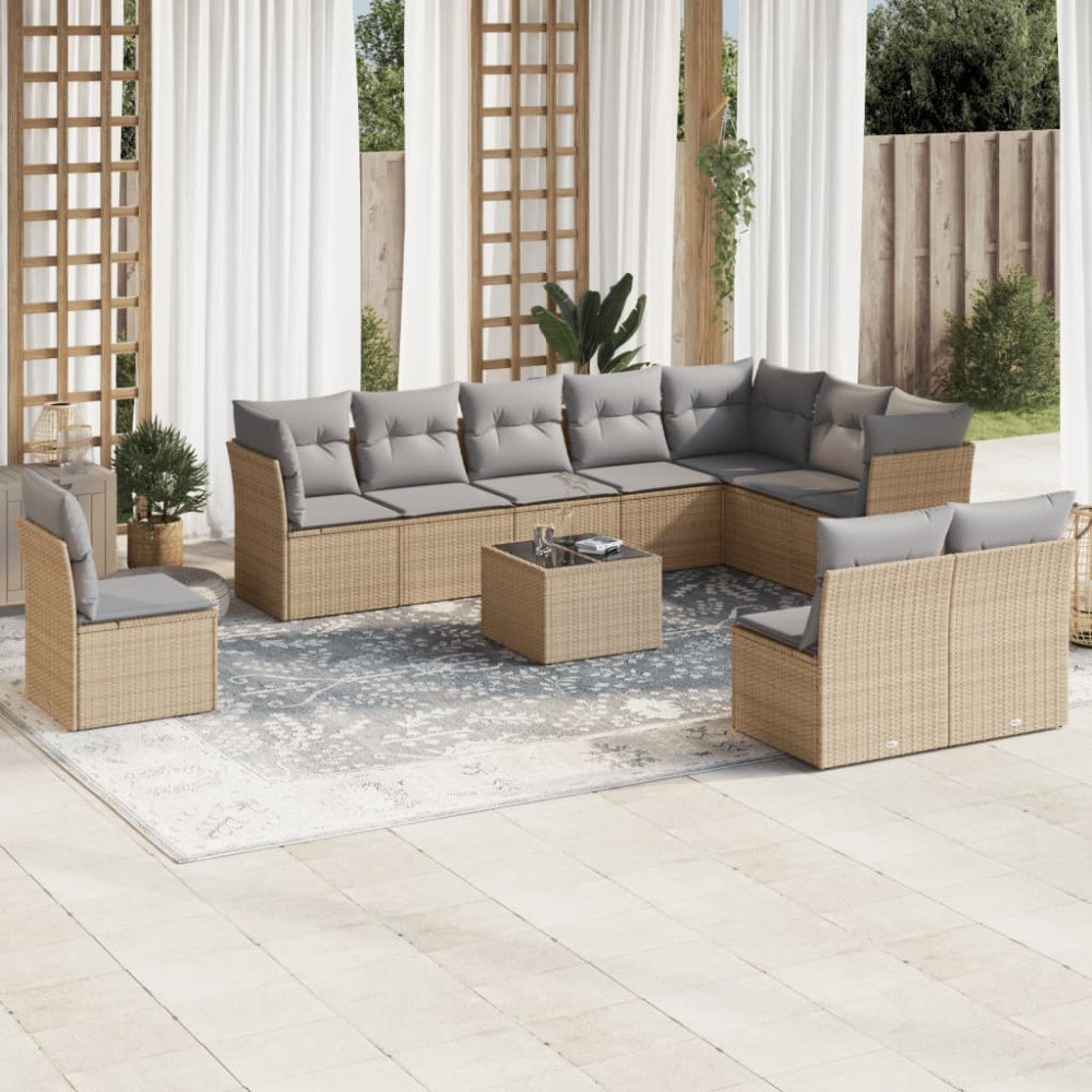 vidaXL Loungegrupp för trädgården m. dynor 11 delar beige konstrotting