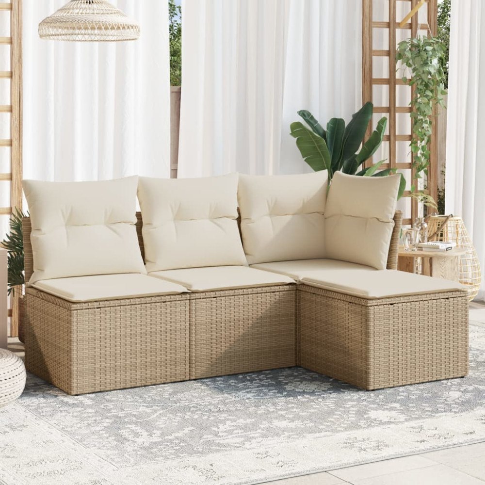 vidaXL Soffgrupp för trädgård med dynor 4 delar beige konstrotting
