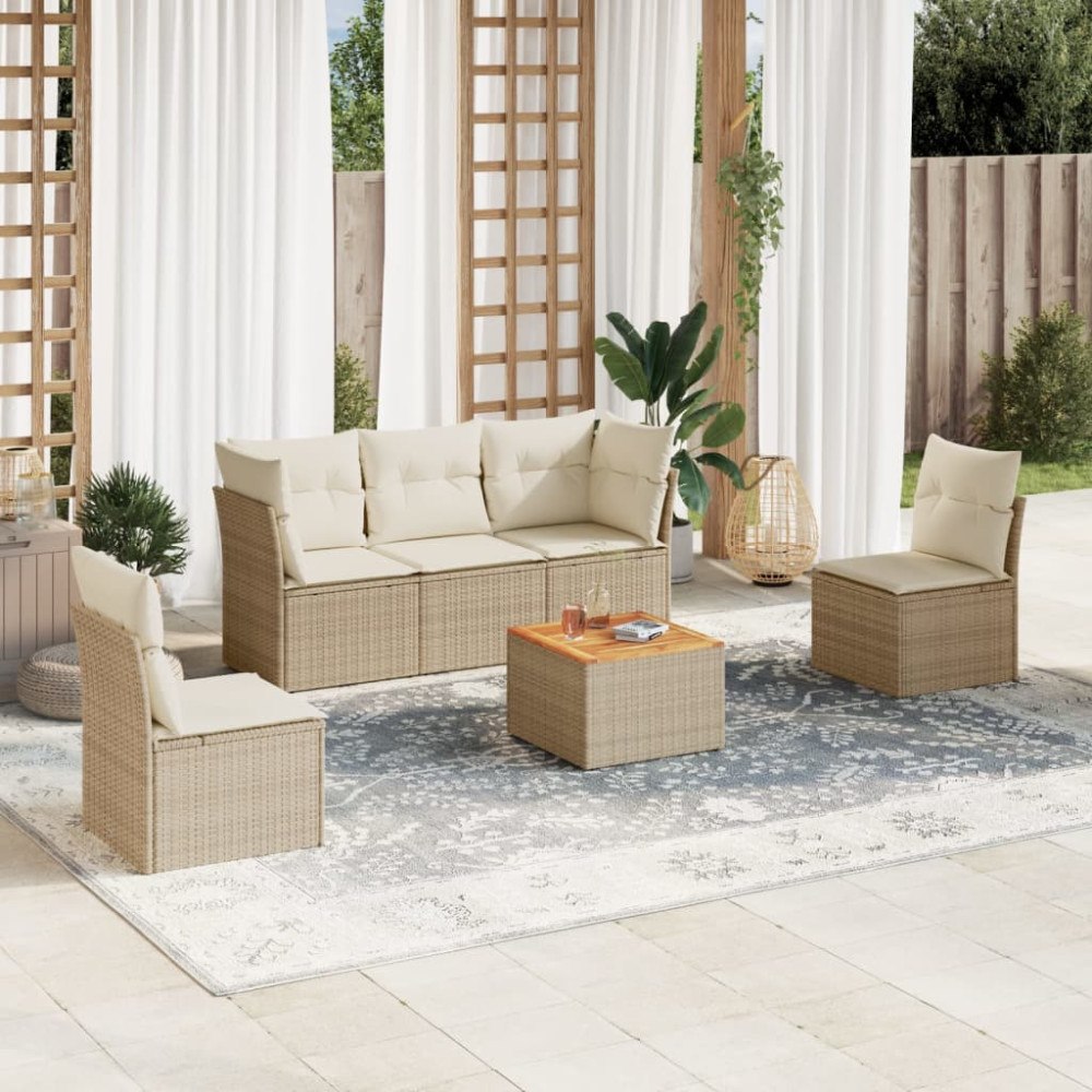 vidaXL Soffgrupp för trädgården med dynor 6 delar beige konstrotting