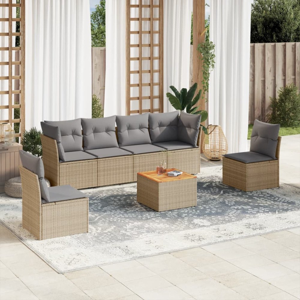 vidaXL Matgrupp för trädgården med dynor 7 delar beige konstrotting