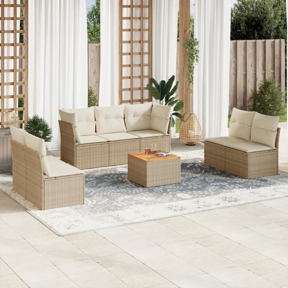 vidaXL Matgrupp för trädgården med dynor 8 delar beige konstrotting