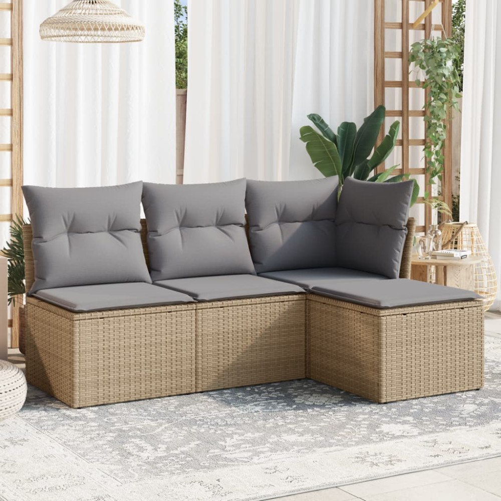 vidaXL Soffgrupp för trädgård med dynor 4 delar beige konstrotting