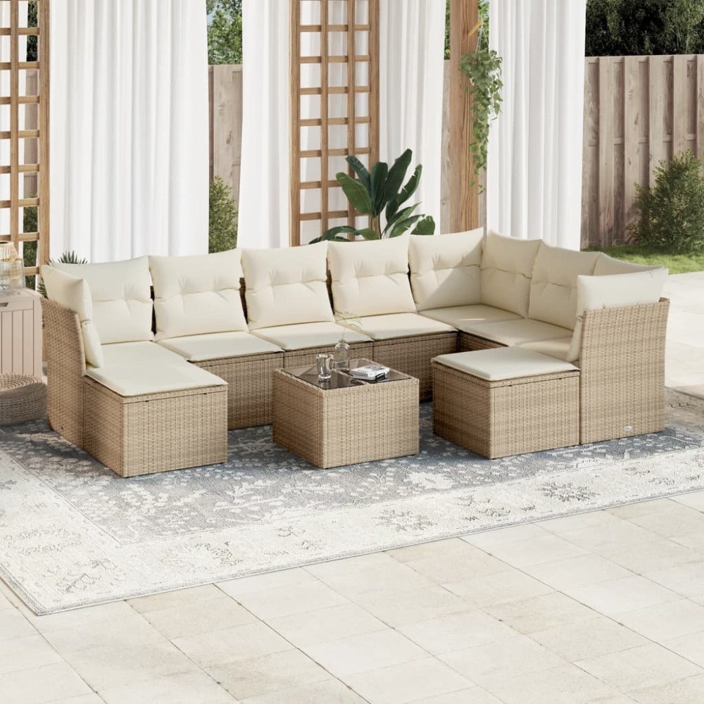 vidaXL Soffgrupp för trädgård med dynor 10 delar beige konstrotting