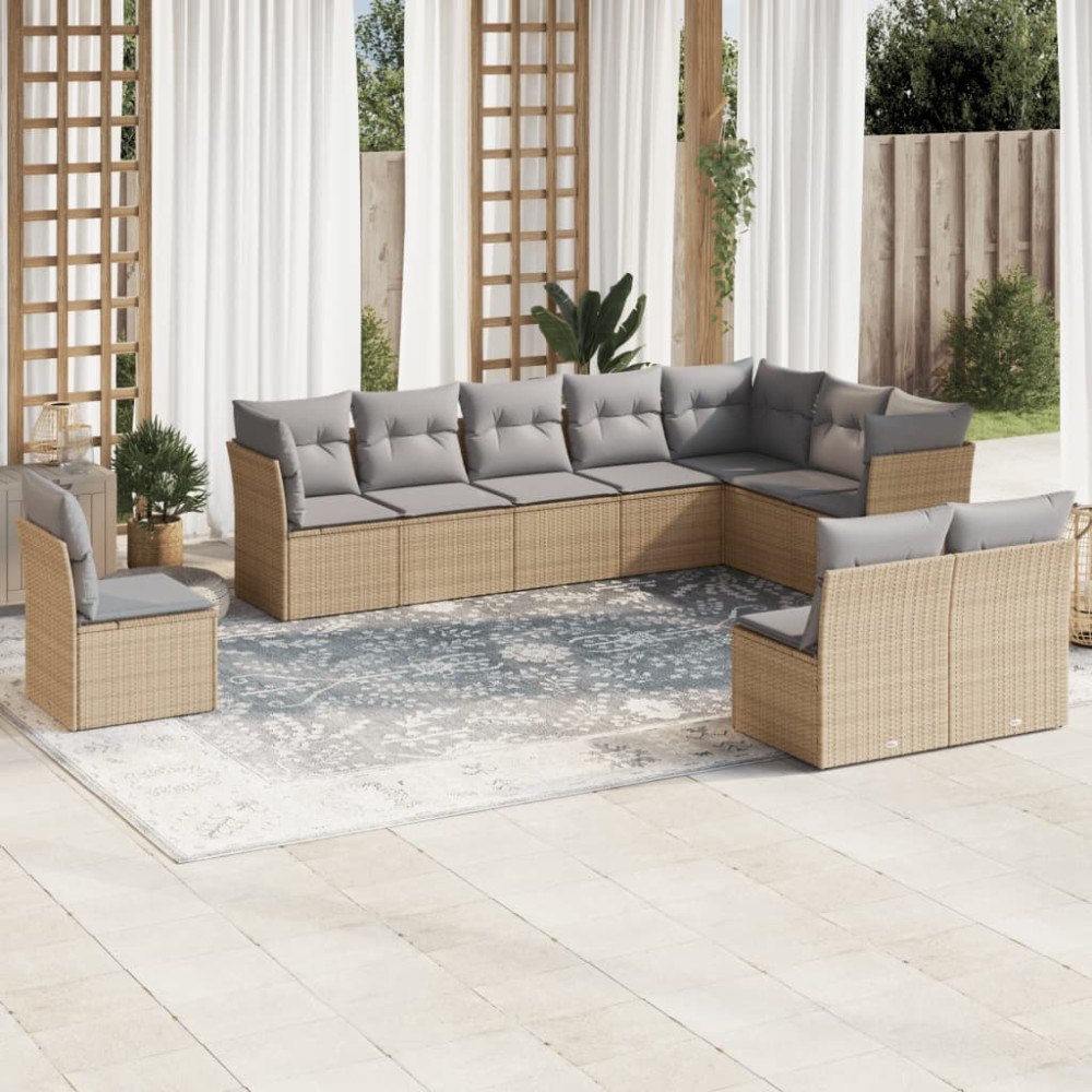 vidaXL Soffgrupp för trädgård med dynor 10 delar beige konstrotting