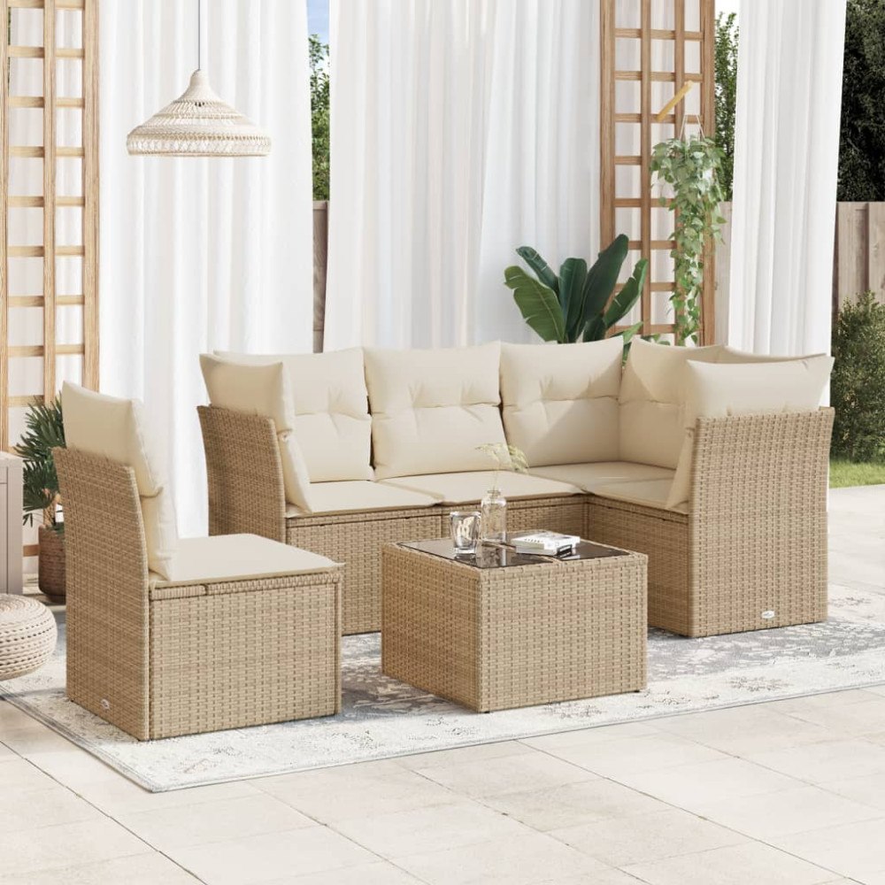 vidaXL Soffgrupp för trädgården med dynor 6 delar beige konstrotting
