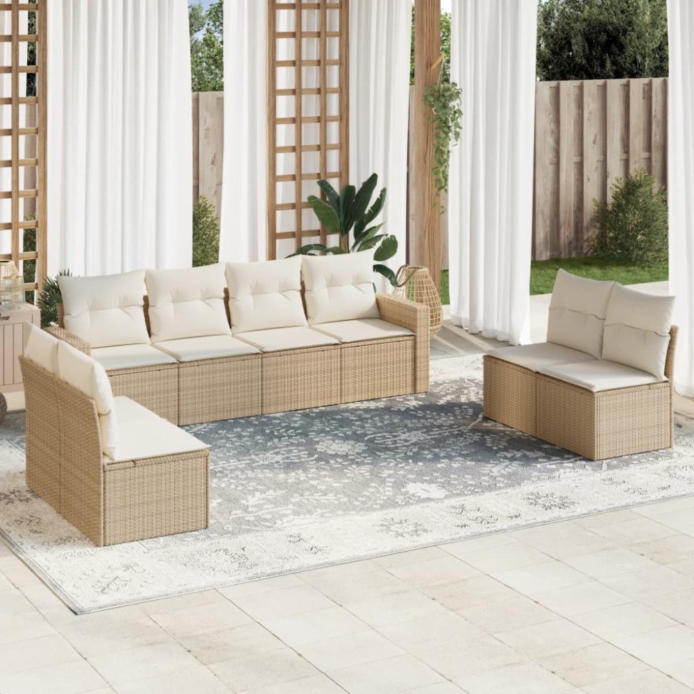 vidaXL Soffgrupp för trädgården med dynor 9 delar beige konstrotting