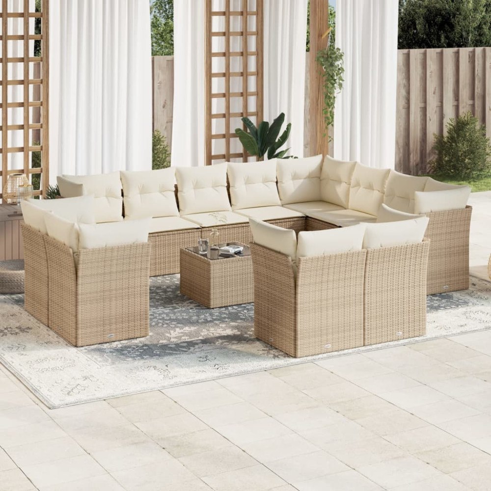 vidaXL Soffgrupp för trädgården med dynor 13 delar beige konstrotting