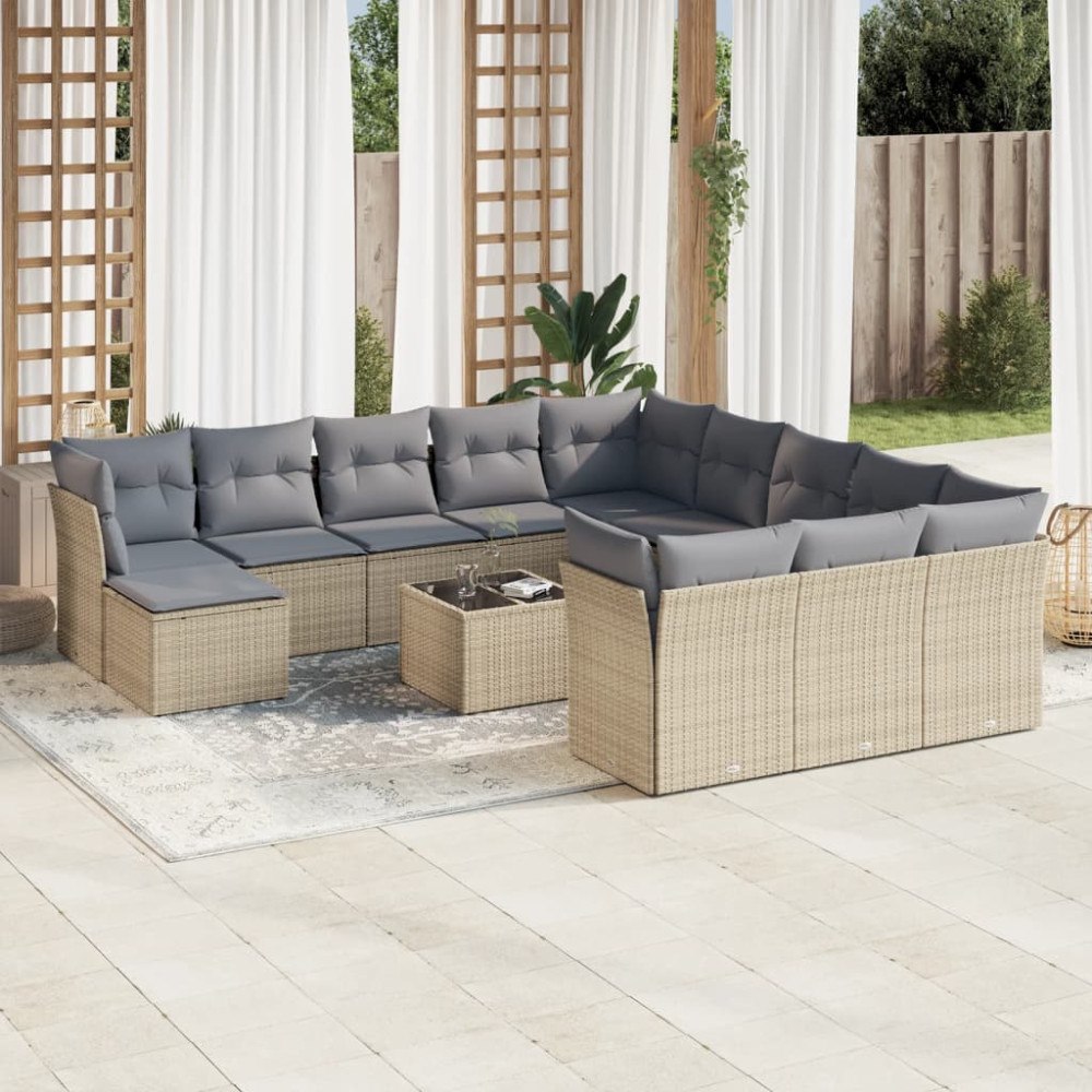 vidaXL Soffgrupp för trädgården med dynor 13 delar beige konstrotting