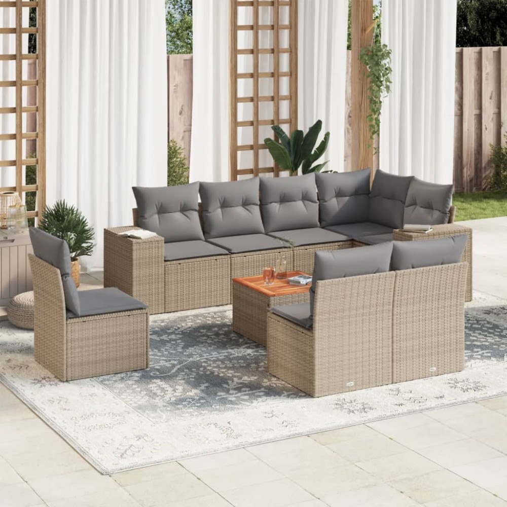 vidaXL Soffgrupp för trädgården med dynor 9 delar beige konstrotting