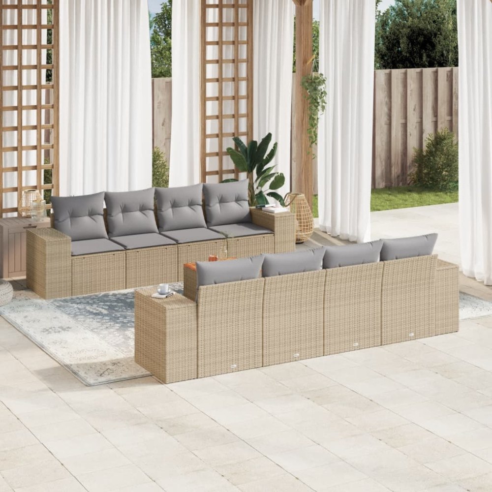 vidaXL Soffgrupp för trädgården med dynor 9 delar beige konstrotting