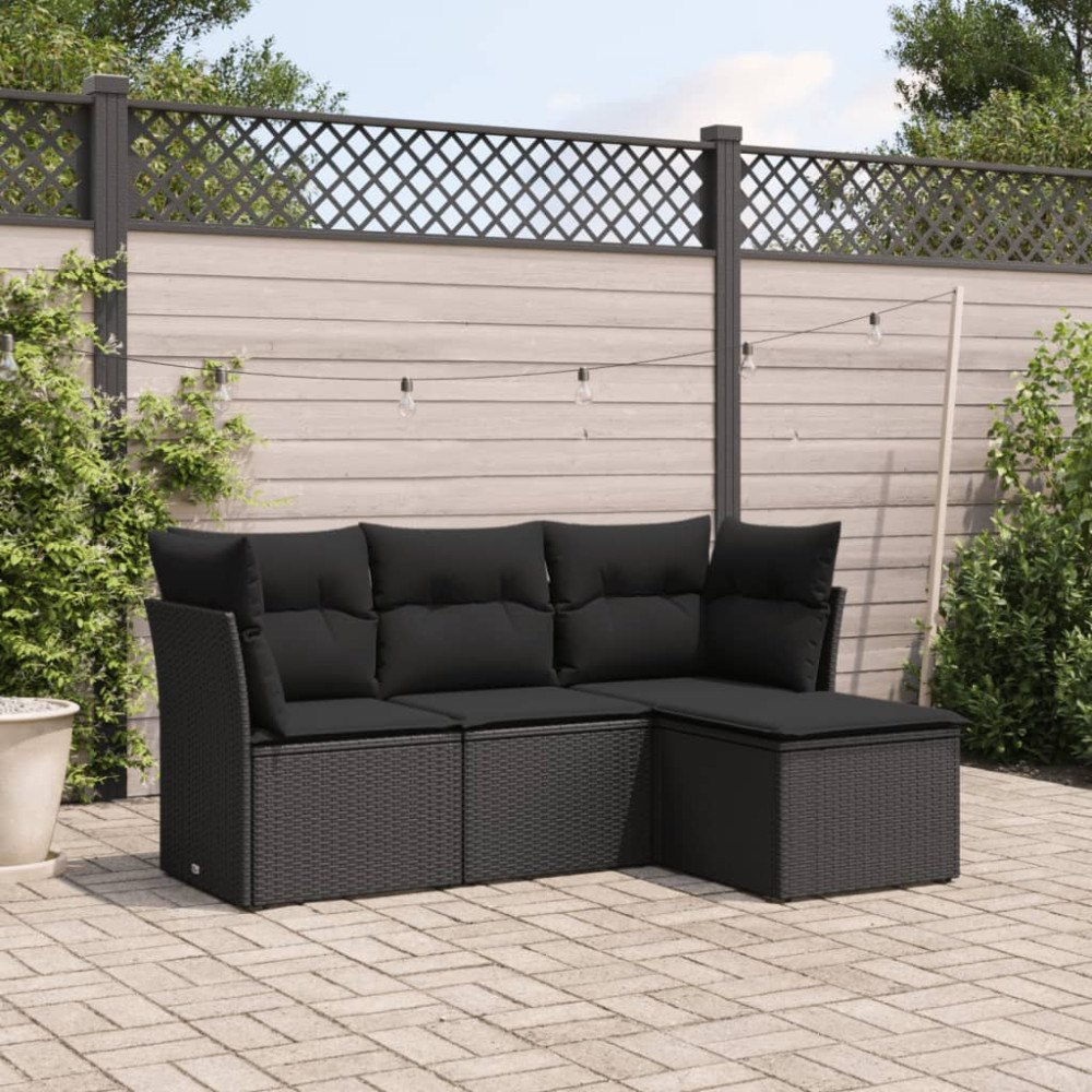 vidaXL Soffgrupp för trädgård med dynor 4 delar svart konstrotting