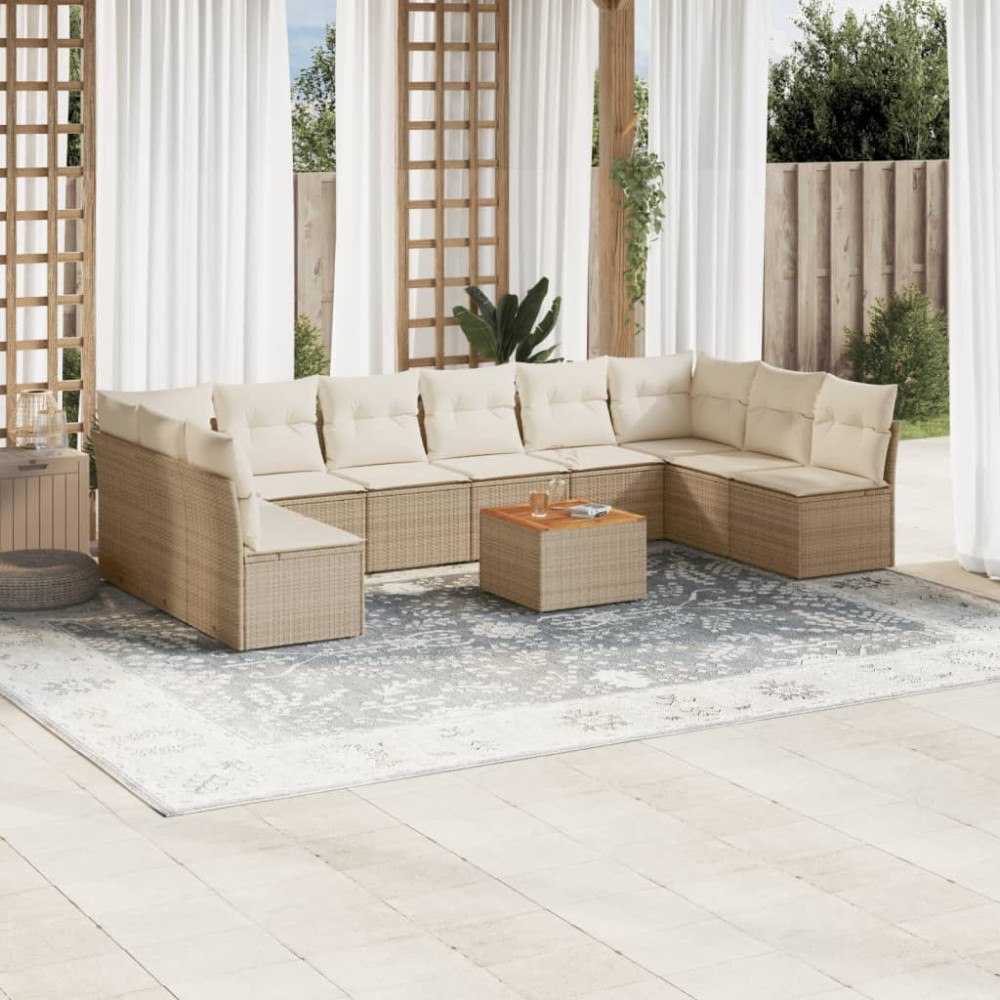 vidaXL Loungegrupp för trädgården m. dynor 11 delar beige konstrotting