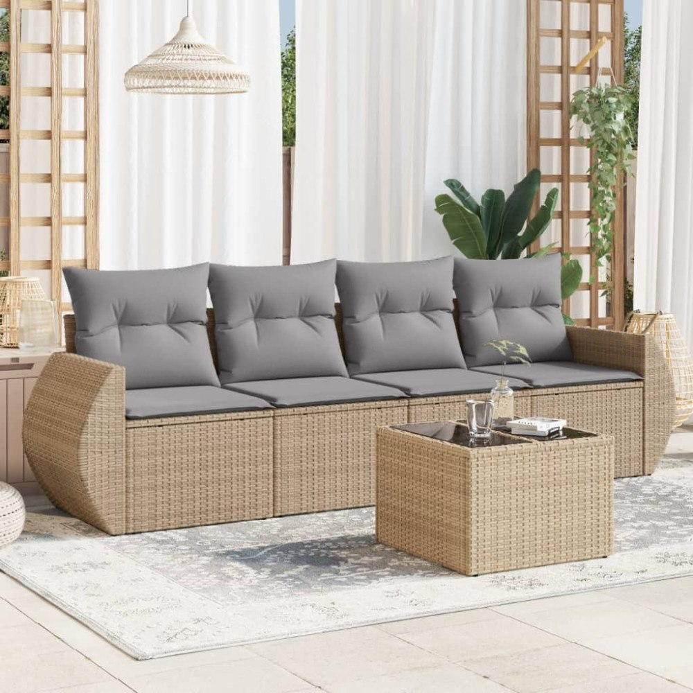 vidaXL Soffgrupp för trädgården med dynor 5 delar beige konstrotting