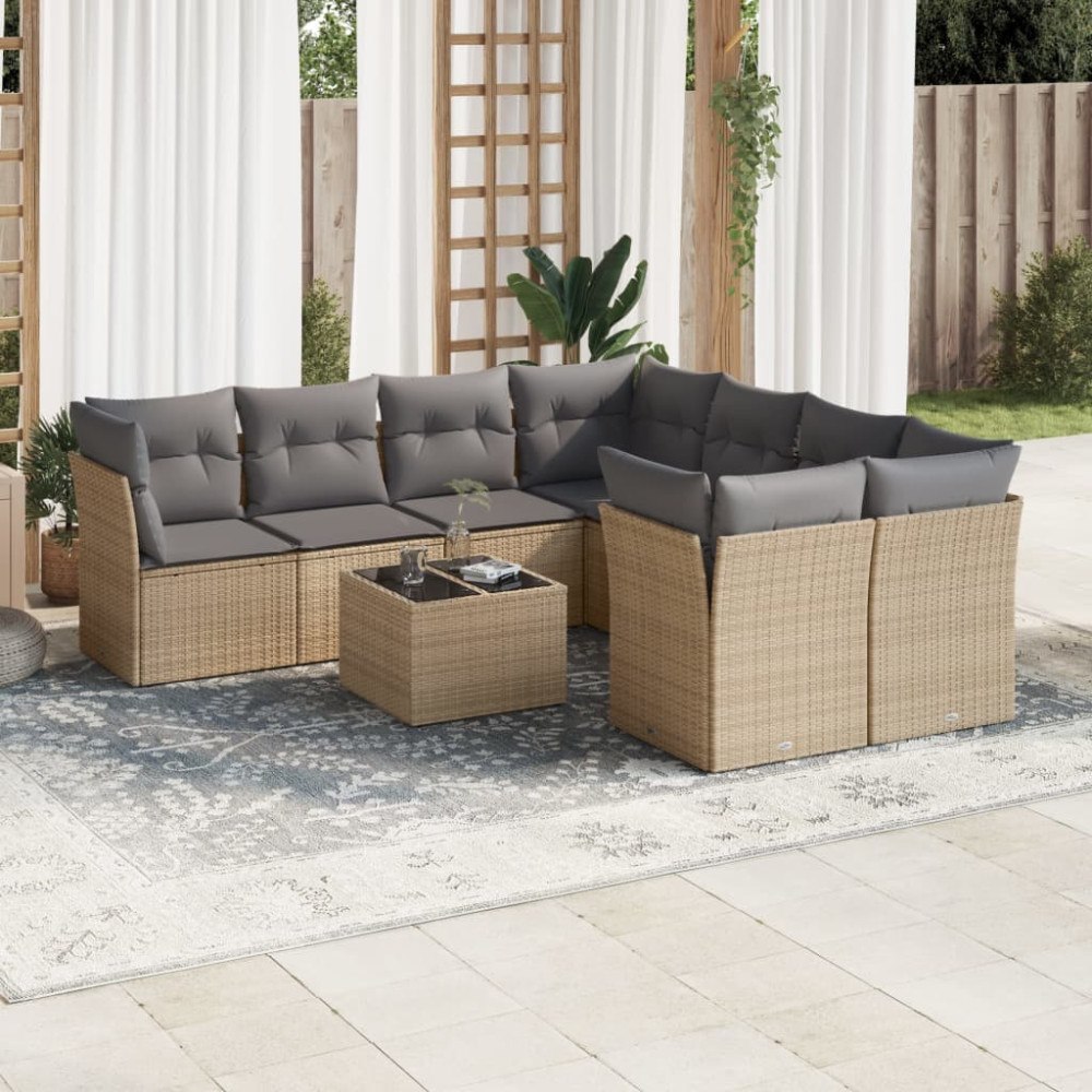 vidaXL Soffgrupp för trädgården med dynor 9 delar beige konstrotting