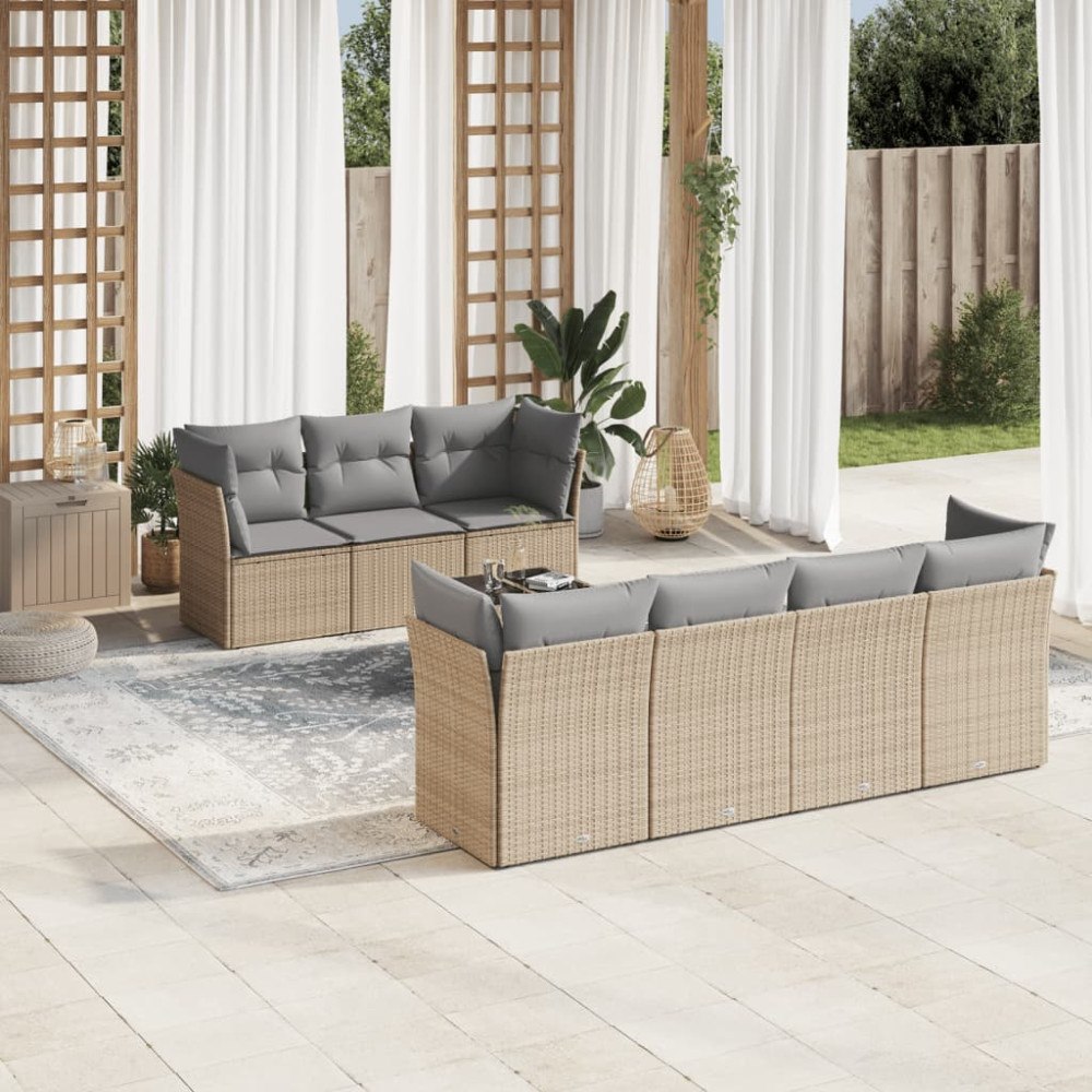 vidaXL Matgrupp för trädgården med dynor 8 delar beige konstrotting
