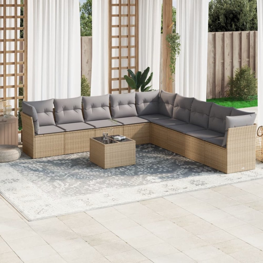 vidaXL Soffgrupp för trädgård med dynor 10 delar beige konstrotting
