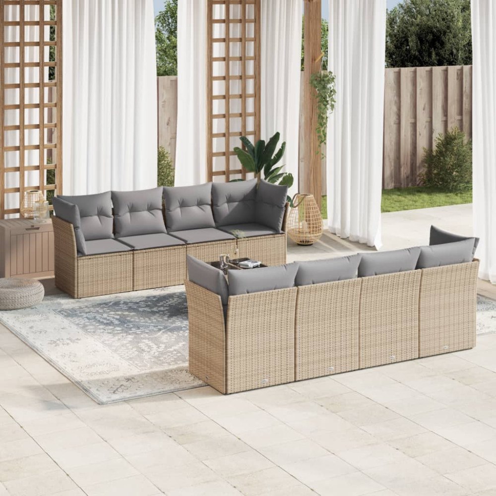 vidaXL Soffgrupp för trädgården med dynor 9 delar beige konstrotting