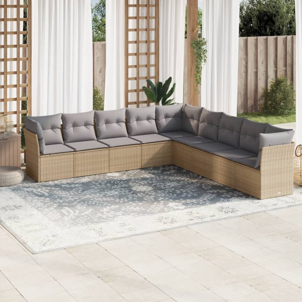 vidaXL Soffgrupp för trädgården med dynor 9 delar beige konstrotting