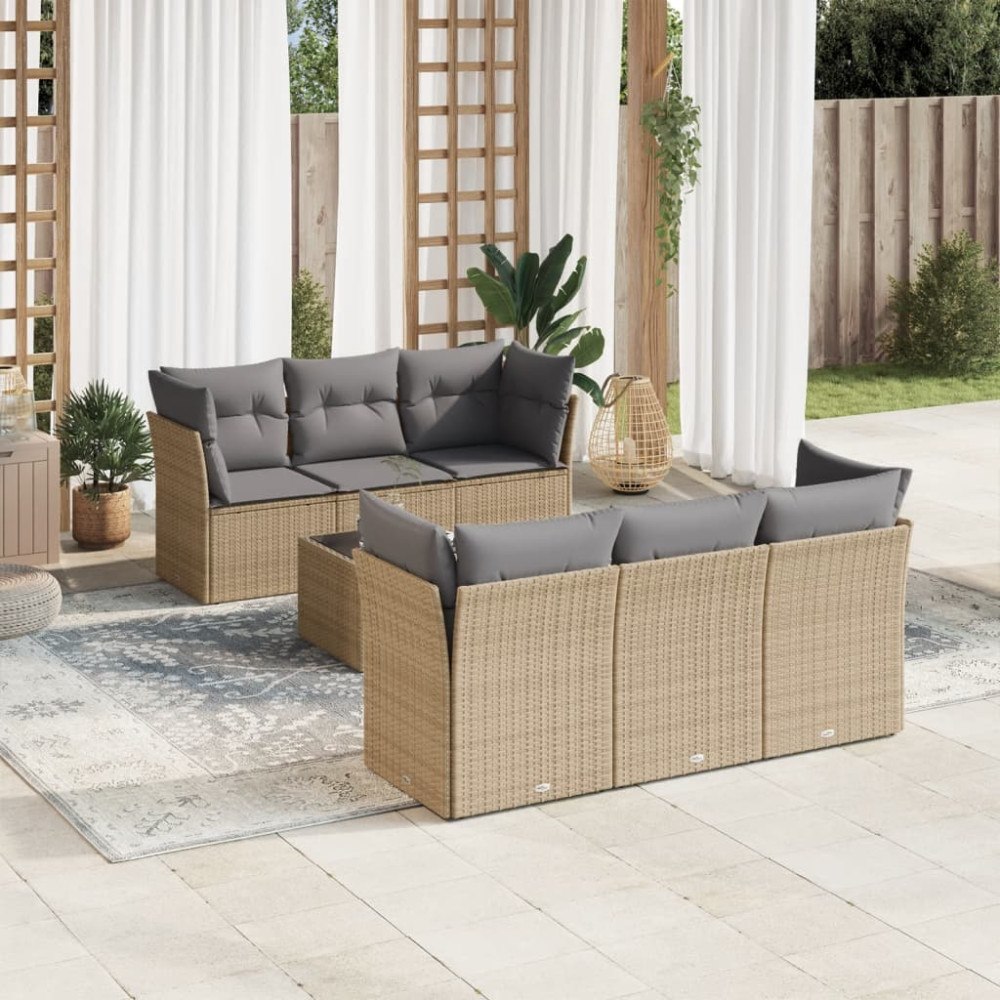 vidaXL Matgrupp för trädgården med dynor 7 delar beige konstrotting