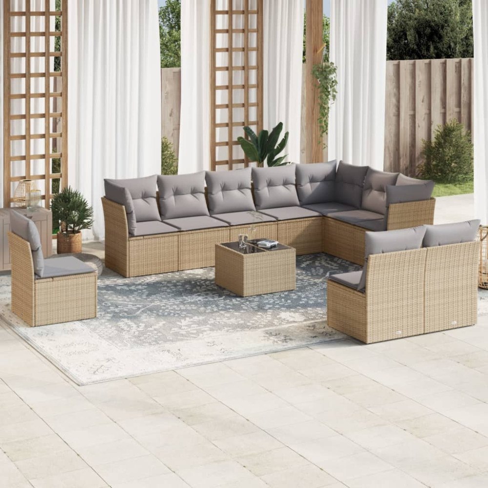 vidaXL Loungegrupp för trädgården m. dynor 11 delar beige konstrotting