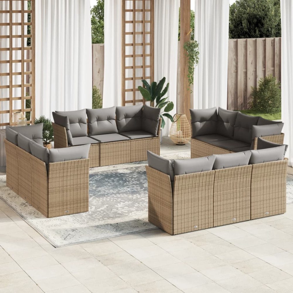 vidaXL Soffgrupp för trädgården 12 delar med dynor beige konstrotting