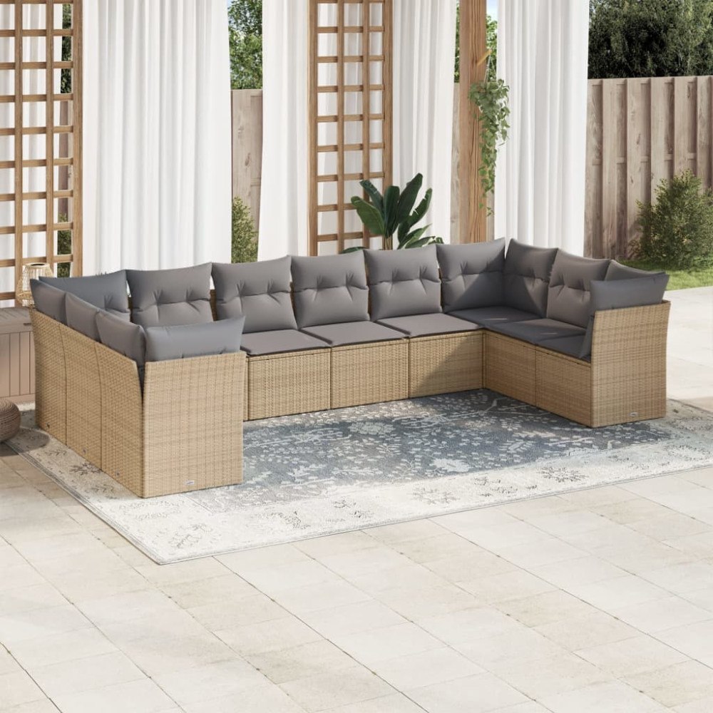 vidaXL Soffgrupp för trädgård med dynor 10 delar beige konstrotting