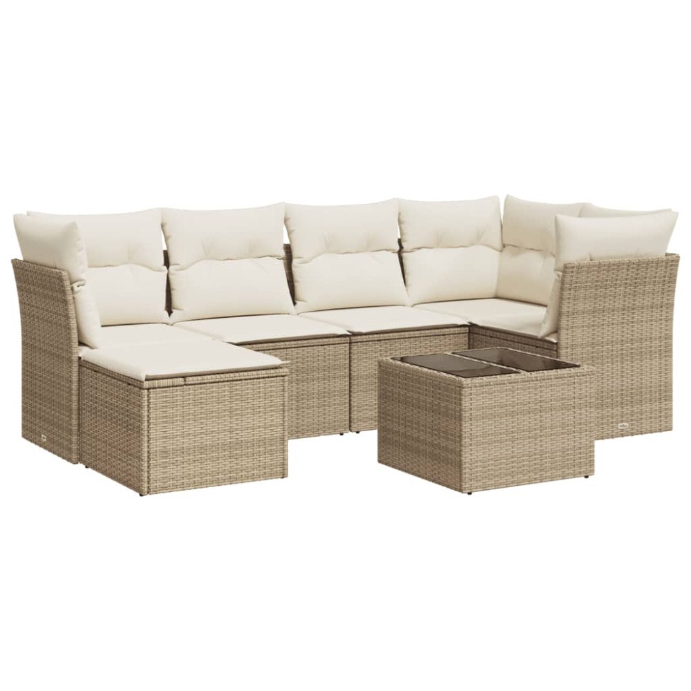 vidaXL Matgrupp för trädgården med dynor 7 delar beige konstrotting