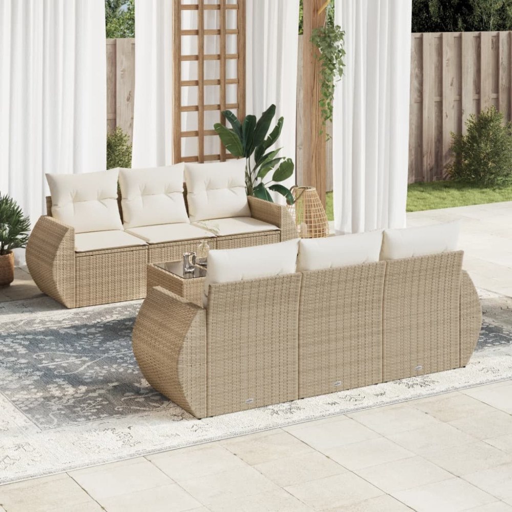 vidaXL Matgrupp för trädgården med dynor 7 delar beige konstrotting
