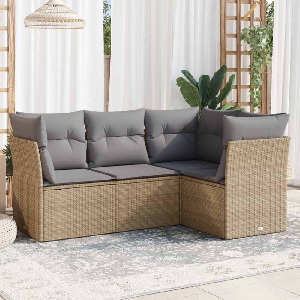 vidaXL Soffgrupp för trädgård med dynor 4 delar beige konstrotting
