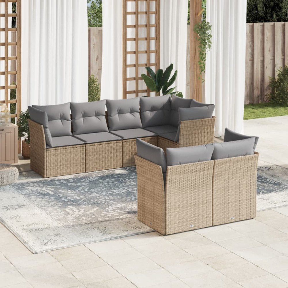 vidaXL Matgrupp för trädgården med dynor 7 delar beige konstrotting