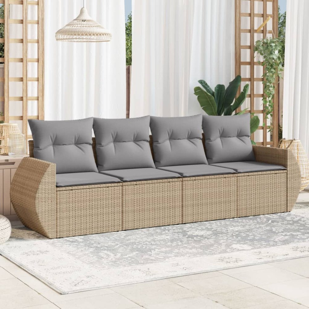 vidaXL Soffgrupp för trädgård med dynor 4 delar beige konstrotting