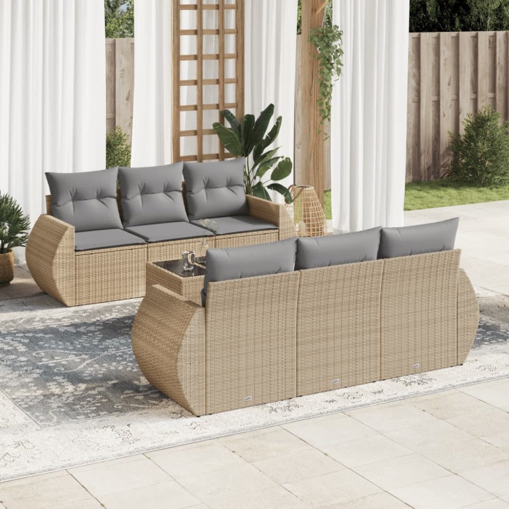 vidaXL Matgrupp för trädgården med dynor 7 delar beige konstrotting