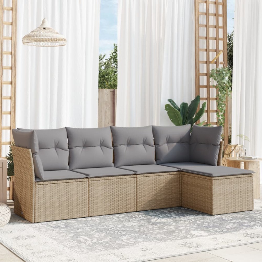 vidaXL Soffgrupp för trädgården med dynor 5 delar beige konstrotting