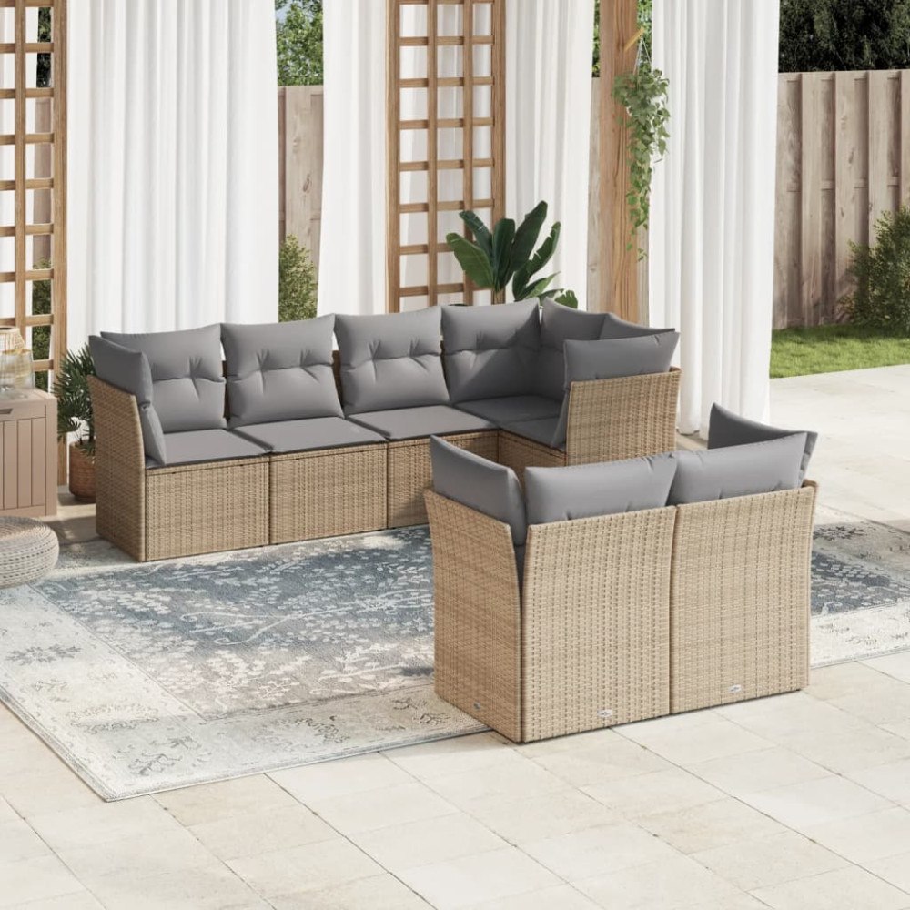 vidaXL Matgrupp för trädgården med dynor 7 delar beige konstrotting