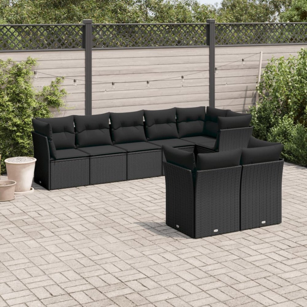 vidaXL Loungegrupp för trädgården med dynor 8 delar svart konstrotting