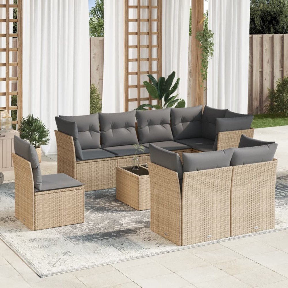 vidaXL Soffgrupp för trädgården med dynor 9 delar beige konstrotting