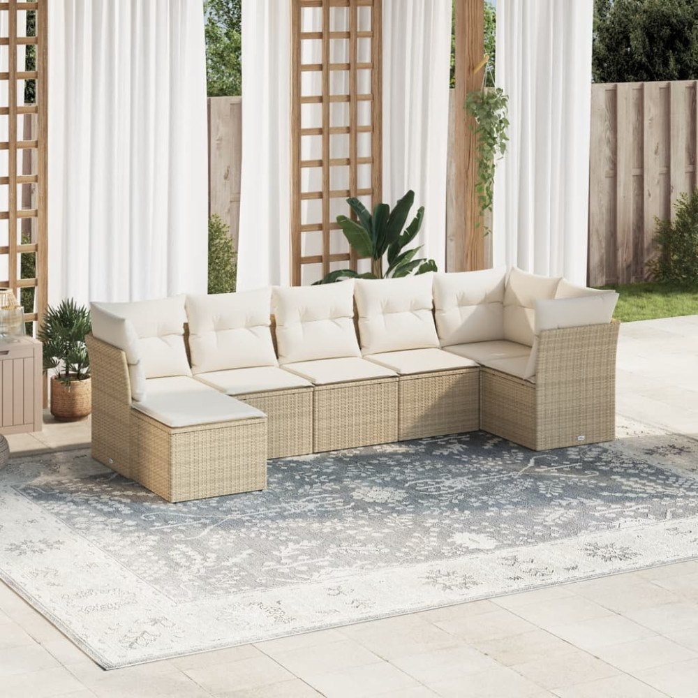 vidaXL Matgrupp för trädgården med dynor 7 delar beige konstrotting