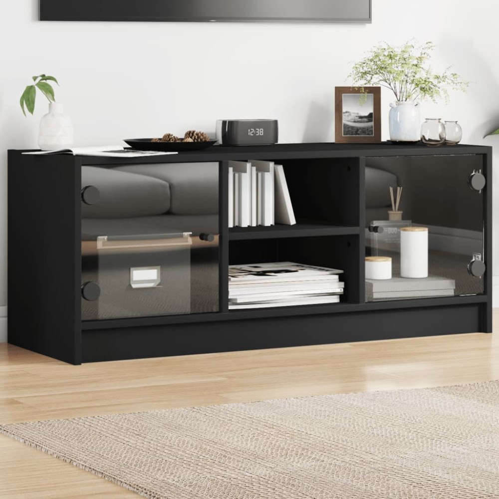 vidaXL Tv-bänk med glasdörrar svart 102x37x42 cm