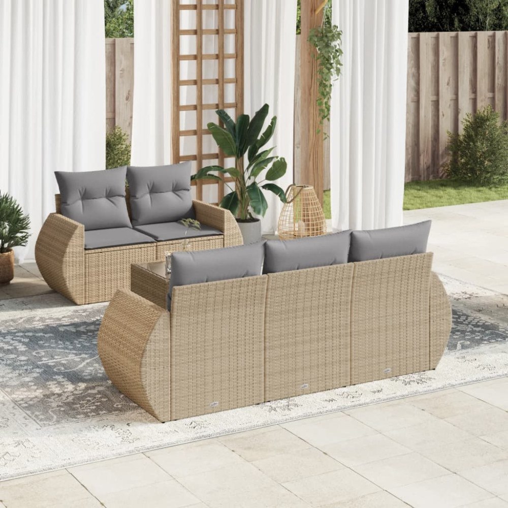 vidaXL Soffgrupp för trädgården med dynor 6 delar beige konstrotting
