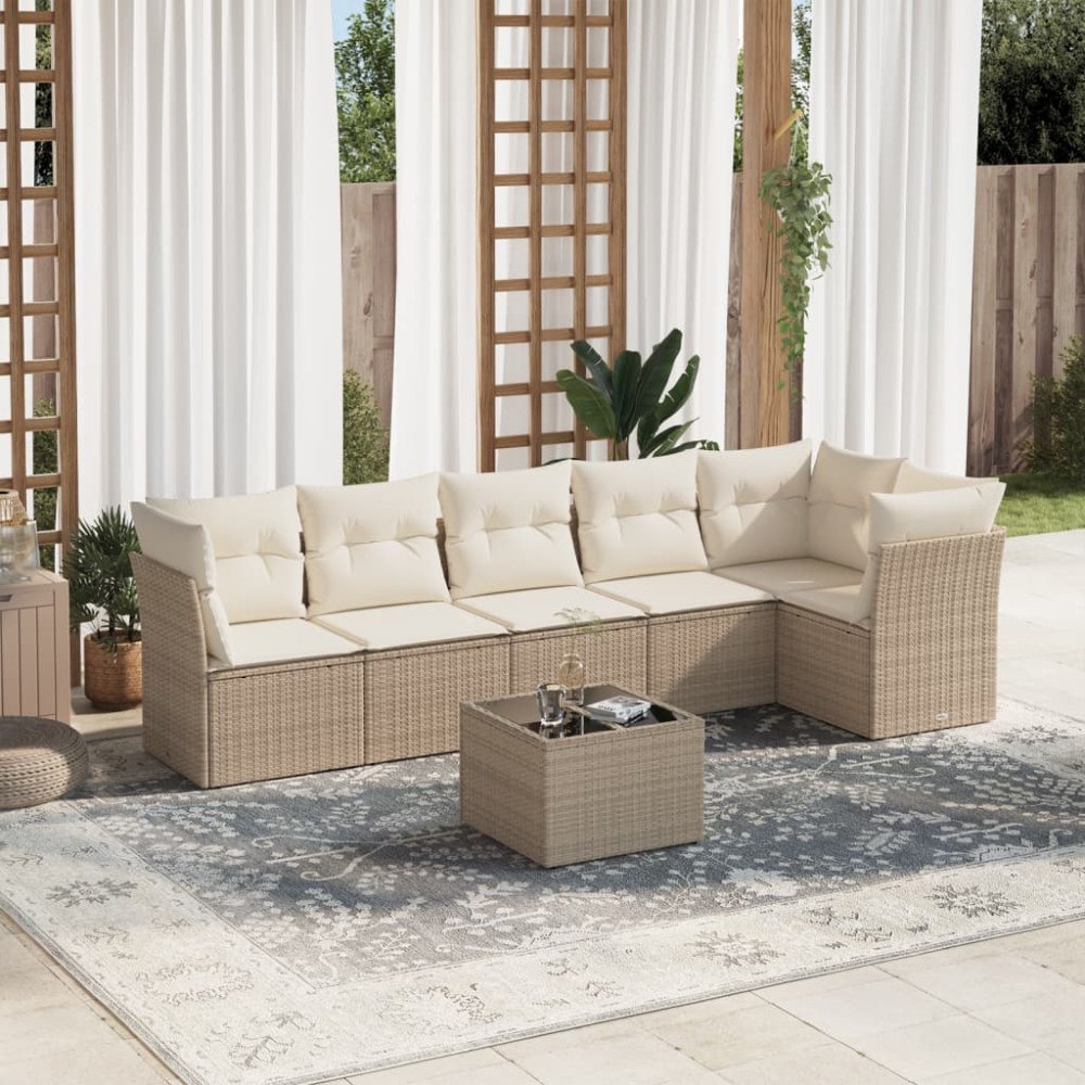 vidaXL Matgrupp för trädgården med dynor 7 delar beige konstrotting