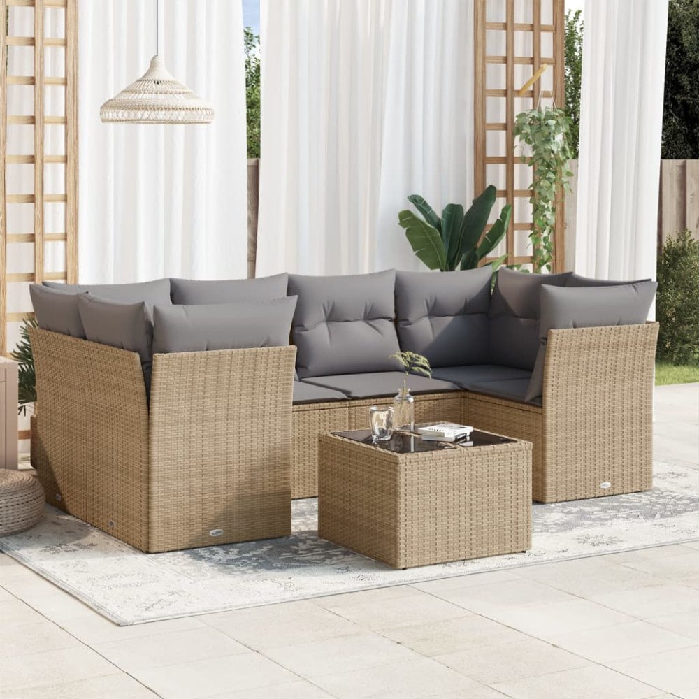 vidaXL Matgrupp för trädgården med dynor 7 delar beige konstrotting