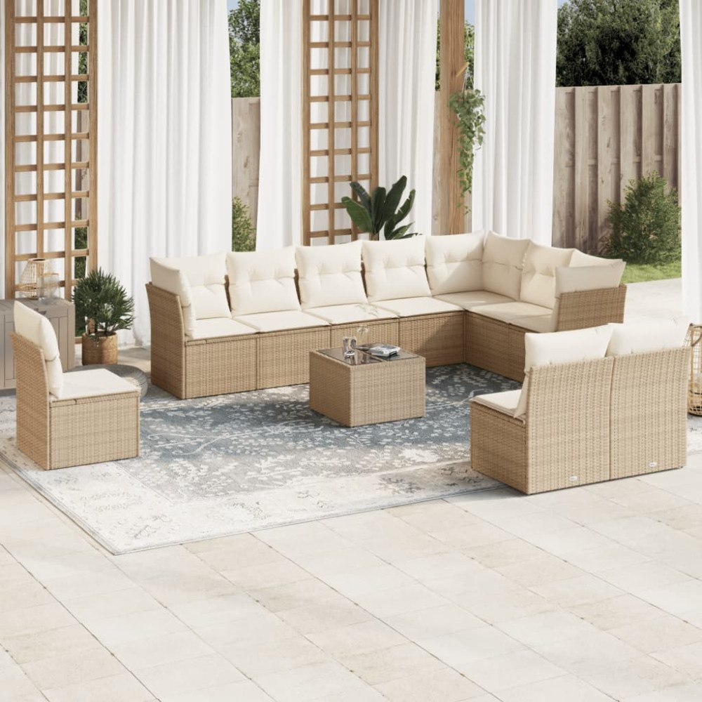 vidaXL Loungegrupp för trädgården m. dynor 11 delar beige konstrotting