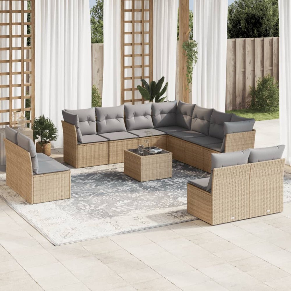 vidaXL Soffgrupp för trädgården 12 delar med dynor beige konstrotting