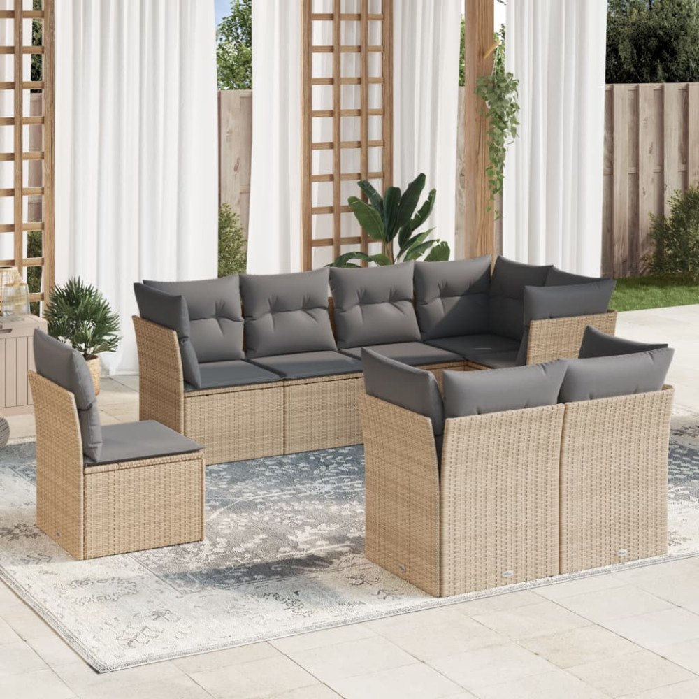 vidaXL Matgrupp för trädgården med dynor 8 delar beige konstrotting