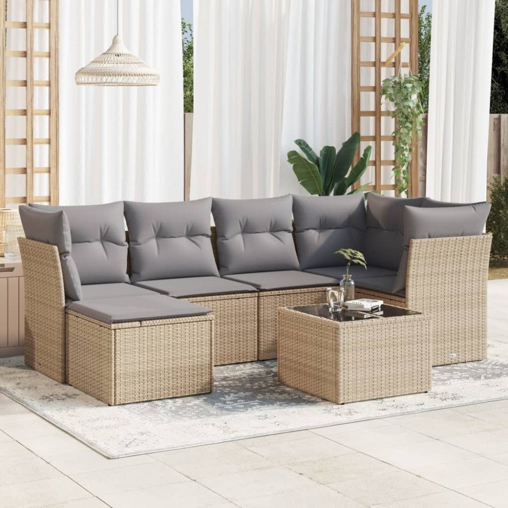 vidaXL Matgrupp för trädgården med dynor 7 delar beige konstrotting