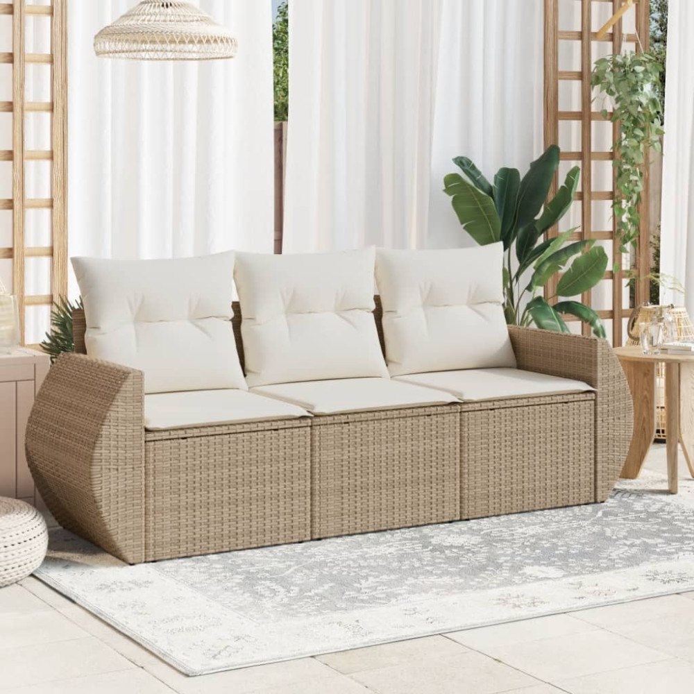 vidaXL Soffgrupp för trädgården 3 delar med dynor beige konstrotting