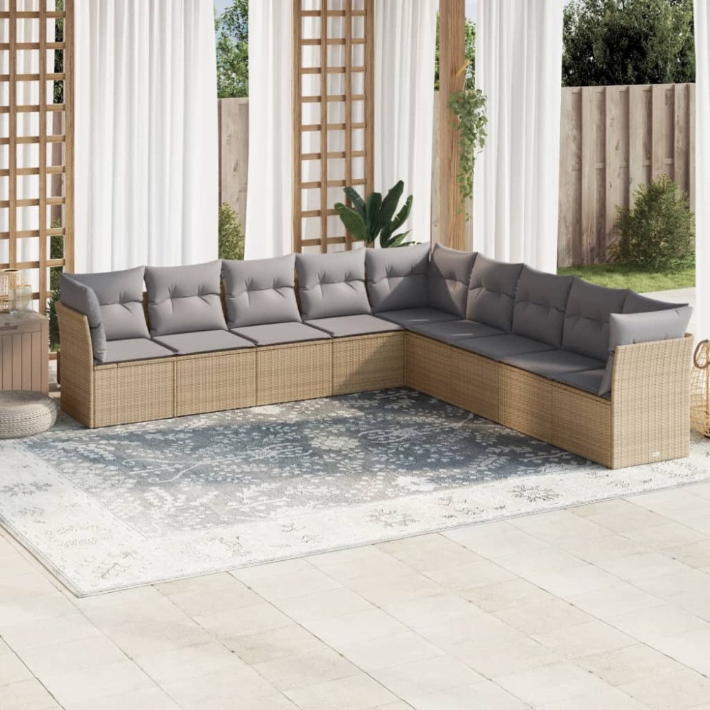 vidaXL Soffgrupp för trädgården med dynor 9 delar beige konstrotting