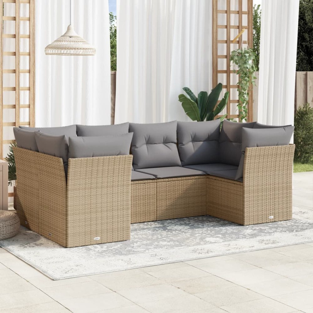 vidaXL Soffgrupp för trädgården med dynor 6 delar beige konstrotting